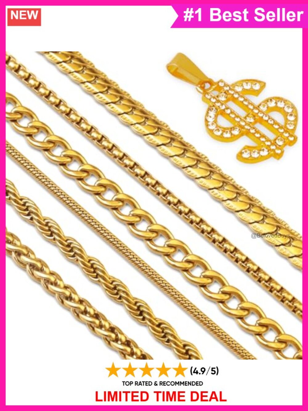 Stainless Steel Necklace Chain Kit 6pcs 24in Gold Plated with Dollar Pendant